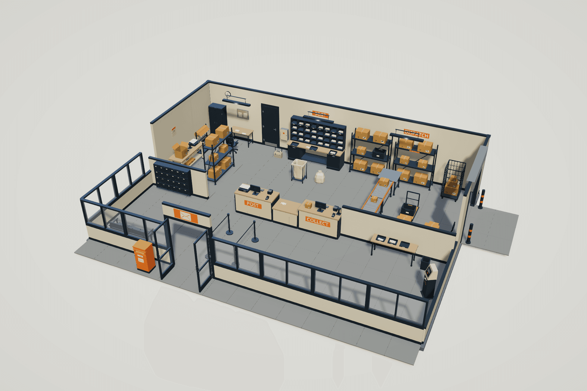 Isometric overview of the Parcel Depot post office: customer hall, POST and COLLECT counters, letter sorting, packing, storage and dispatch areas