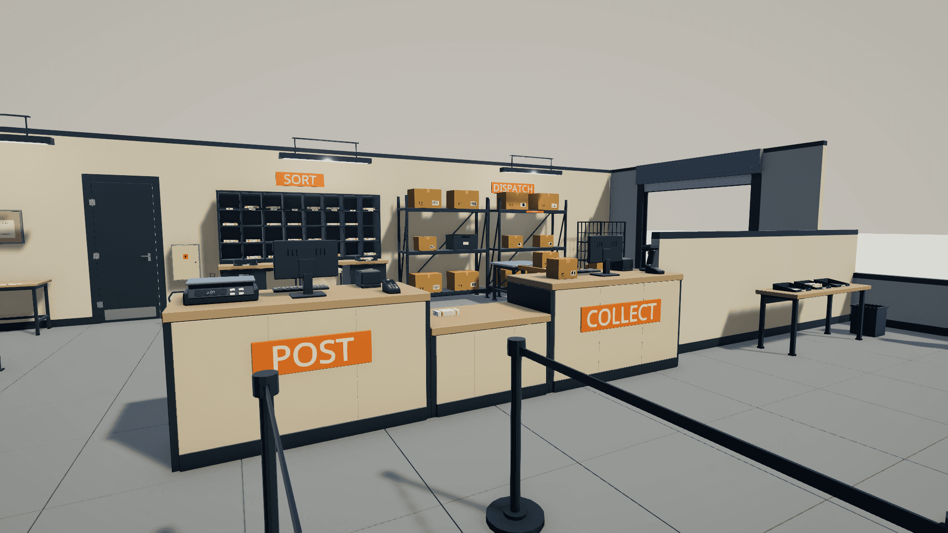 Eye-level view of the POST and COLLECT counters with monitors, a parcel scale and queue barriers, with the SORT and DISPATCH areas behind
