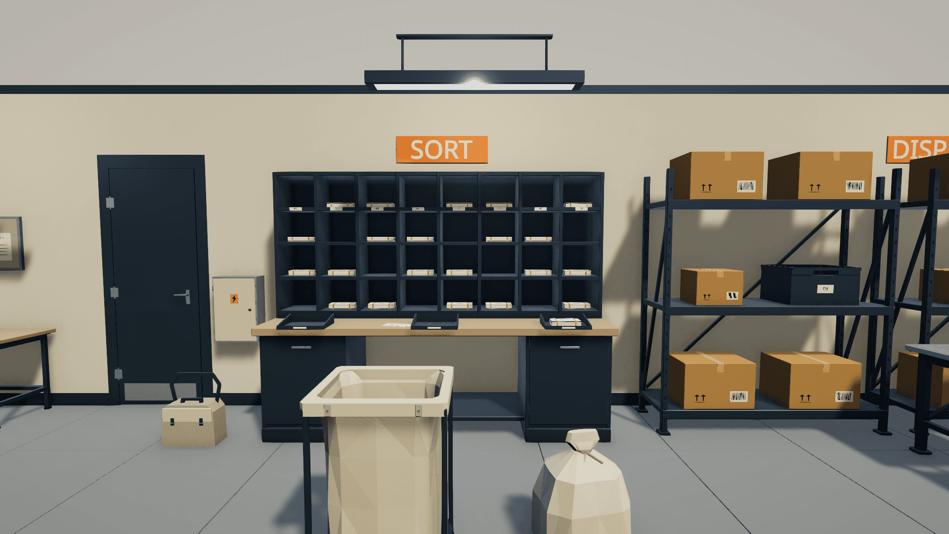 Letter sorting desk with pigeonholes and trays under the SORT sign, a mail sack stand and shelves of parcels