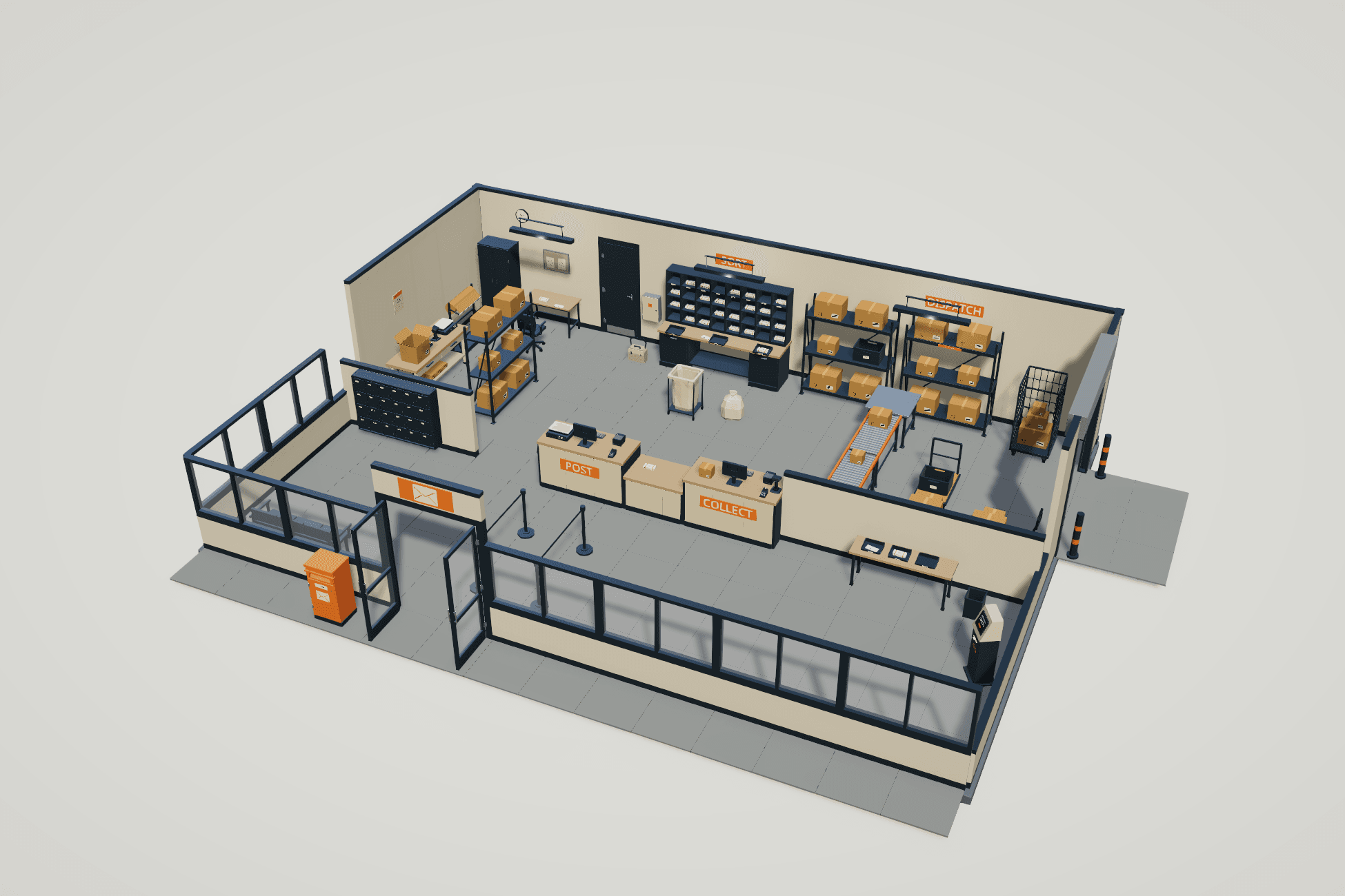 Isometric overview of the Parcel Depot post office: customer hall, POST and COLLECT counters, letter sorting, packing, storage and dispatch areas
